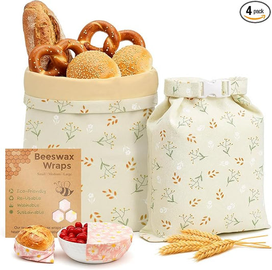 2 Pack Beeswax Bread Bags for Homemade Sourdough Bread, Includes 2 Wraps, 17×13 Inches Organic Cotton Bread Storage Bags, Keeps Bread Fresh, Ideal for Bakers, Kitchen, Travel (Tiny Floral)