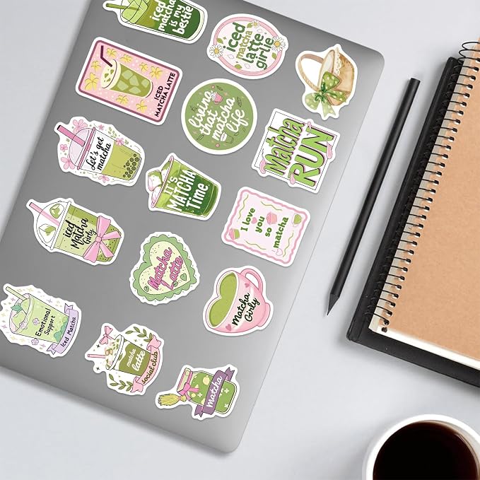 Cute Love Matcha Aesthetic Stickers for Girls, 50PCS Funny Pink Green Vinyl Waterproof Sticker for Water Bottle Scrapbook Laptop Journal Decals, Matcha-Beverage Decoration, Party Favors