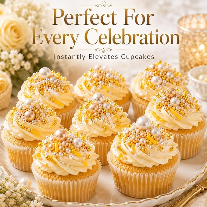 Confect Gold Pearl & Rod Sprinkles Mix – Metallic Edible Pearlized Sugar Balls for Cake Decorating, Cupcakes & Desserts | Vegan, Gluten-Free, Nut-Free, Soy-Free, Dairy-Free, Palm Oil-Free- 4.2 Oz
