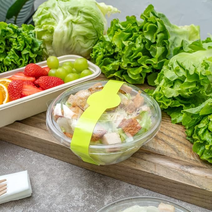 Restaurantware RW Base 12 x 1.5 Inch Packaging Bands 100 Self-Adhering Belly Bands - Disposable Strong Green Paper Label Stickers For Packaging Supplies Keeps Take Out Containers Sealed