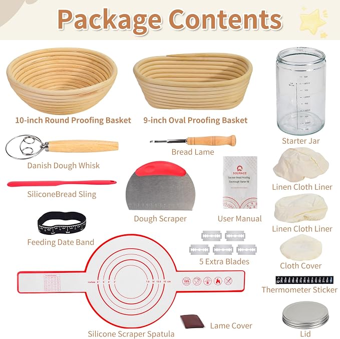 Sourdough Starter Kit with 10" Round & 9" Oval Banneton Proofing Basket and Starter Jar, Complete Sourdough Bread Baking Supplies and Baking Gifts for Women, Men, and Bread Bakers