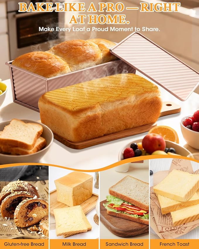 2 Pack Pullman Loaf Pan with Lid: 2.2 LB & 1 LB (13x4 & 9x4 inch) Sandwich Bread Loaf Pan for Homemade Sourdough Bread - Nonstick Carbon Steel Corrugated Toast Box Mold for Baking Bakeware
