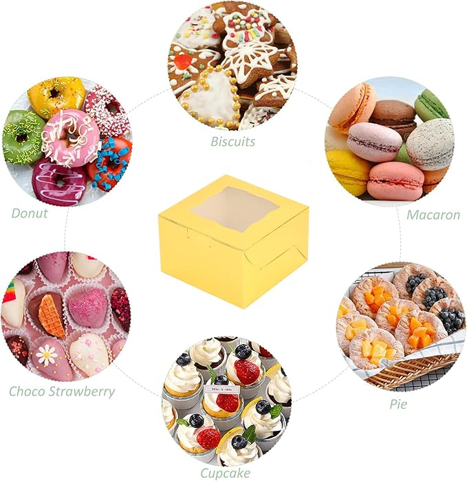 100Pcs Paper Cookie Boxes With Window Small Bakery Boxes 4x4x2.5 Inches Mini Cake Boxes For Pastries,Cupcakes,Desserts,Donuts,Chocolate Strawberries,Candy,Treat Boxes(Gold)