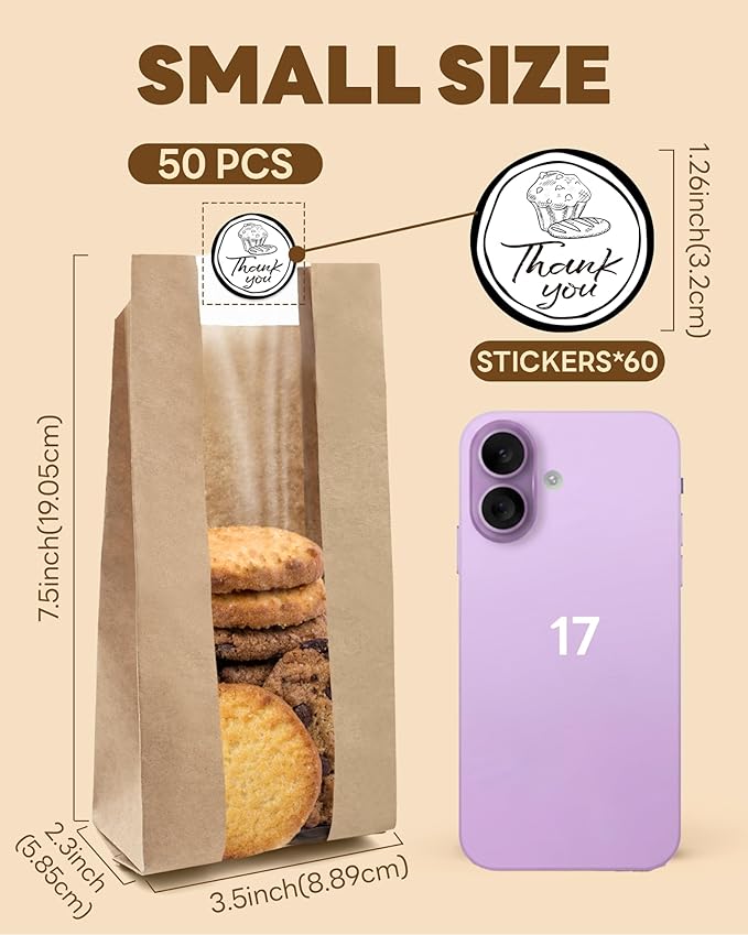 Bake Choice 50 PCS Small Cookie Bags with Seal, 3.5"x 2.3"x7.5" Kraft Brown Paper Bags with Stickers, Bakery Bag for Snack, Cupcake, Coffee Bean, Party Favor, Cookie Packaging
