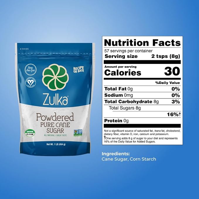 Zulka Powdered Pure Cane Sugar, 1 lb Resealable Bag – Non-GMO, Certified Vegan, Bone Char Free Confectioners Sugar for Baking, Frosting, and Glazes