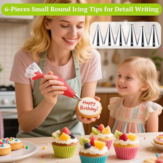 Suuker Round Piping Tips Set, 6 Pieces | Seamless Stainless Steel, Icing Tips, Cupcake Frosting Nozzles, Small Cake Decorating Tip, Cake Writing Tool