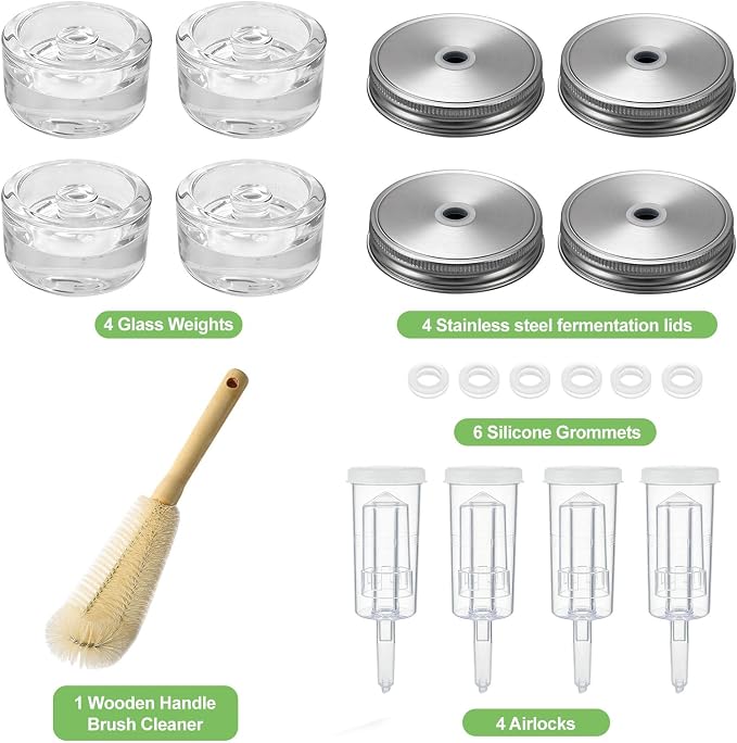 Fermentation Kit for Wide Mouth Mason fermentation Jar,Pickle sauerkraut Kit,4 Fermentation Lids,4 Glass Fermentation Weights,1Wooden Brush Cleaner(Jars Not Included)