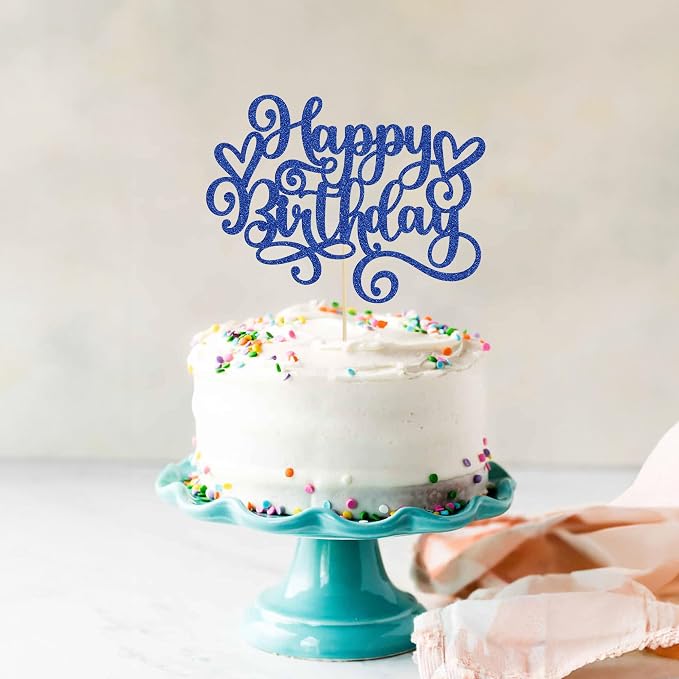 Gyufise 1Pcs Happy Birthday Cake Topper Glitter Cake Pick Bunting Decor for Anniversary Celebrating Party Cake Decorations Supplies Dark Blue