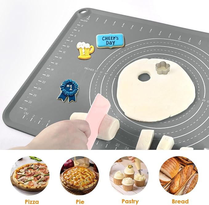 Silicone Pastry Mat 24" x 16" Baking Mat with Measurements and Edge Heightening, Thick Non-slip BPA Free Silicone Pad for Countertop Rolling Kneading Dough, Bread, Cookies,Pizza, Fondant,Dark Gray
