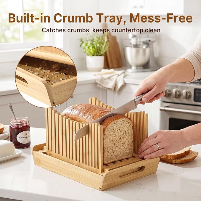 Bamboo Bread Slicer with Cutting Board For Homemade Bread, Adjustable bread slicer with 304 Stainless Steel Butter Scraper, Compact,