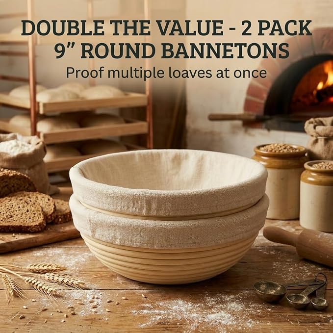 Saint Germain Bakery Premium Round Bread Banneton Basket with Liner (Set of 2 9" Round Baskets)