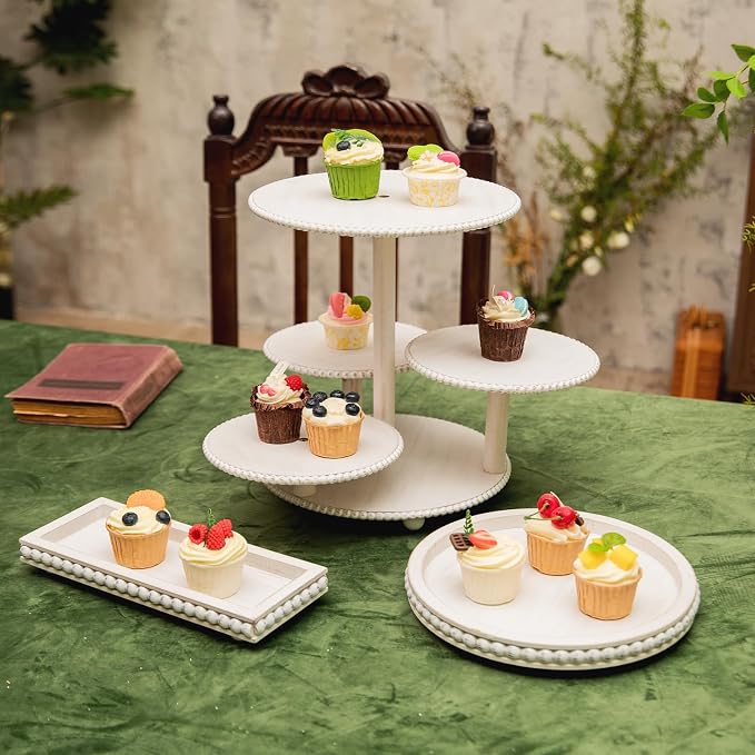GENMOUS Wood Cake Stands Set of 3, 4 Tier Serving Tray Cupcake Stand, Beaded Rustic Dessert Tower, Round Rectangular Dessert Trays Platters for for Wedding Baby Shower Tea Party (White)