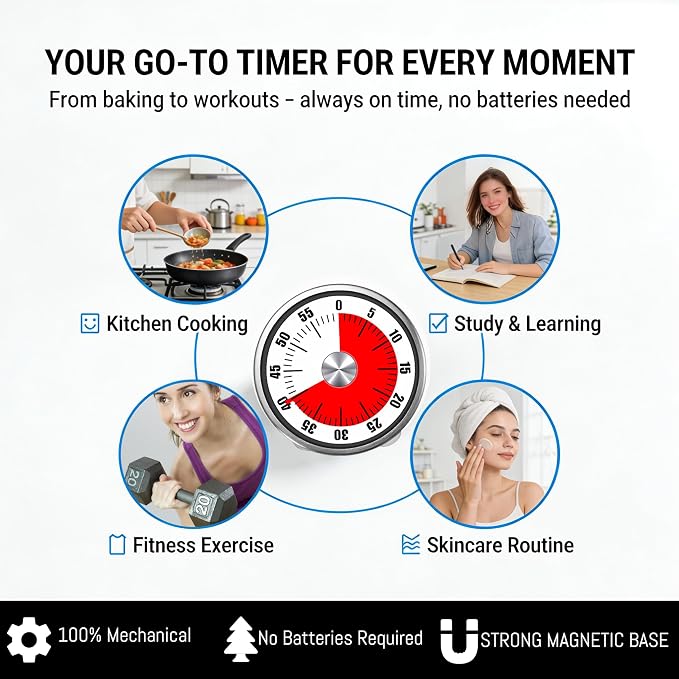 Mechanical Kitchen Timer, 60 Minute Wind Up Magnetic Visual Cooking Timer with Loud Alarm, Stainless Steel No Batteries Countdown Timer for Classroom, Office, Teacher (White Timer with Bracket)