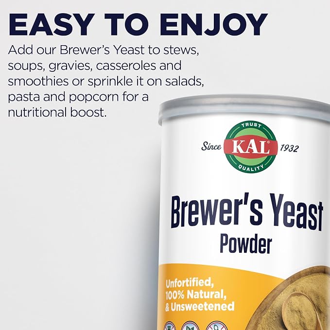 KAL Brewers Yeast Powder, Unfortified, Unsweetened Super Food, 100% Natural Source of Protein, B Complex Vitamins, Amino Acids - Vegan, Preservative Free, Made Without Soy - Approx. 18 Servings, 7.4oz