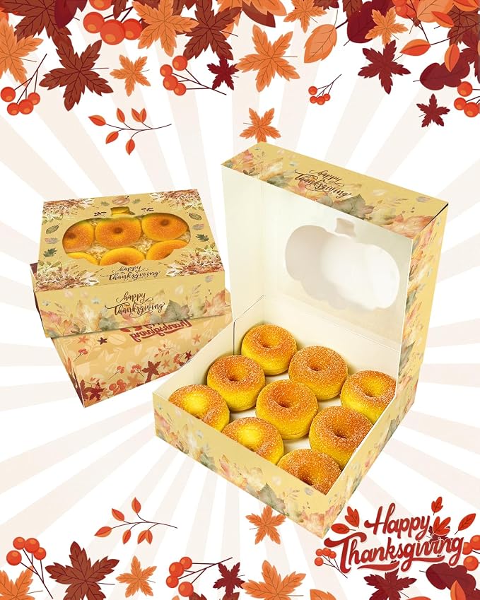 qiqee Thanksgiving Auto-pop Up 12pcs Pie Box with Window 9x9x2.5 Inch Donut Pastry Boxes Pumkin Leaves Bakery Box