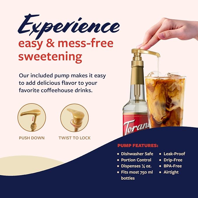 Torani Cane Sugar Sweetener, Simple Syrup for Drinks & Desserts, Pump Included, 25.4 Oz