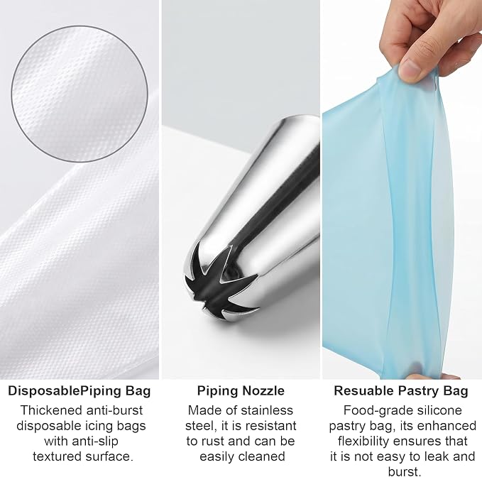 120 Pcs Piping Bags and Tips Set, 12 Inch Disposable Icing Pastry Bags, Cake Decorating Kit Baking Supplies with Reusable Piping Bag, Frosting Tips, Couplers & Scrapers