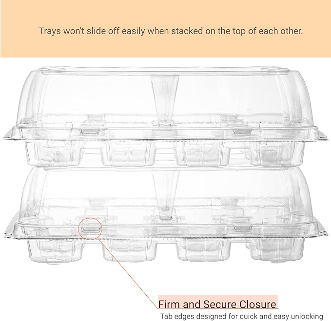 AVLA 24 Pack Mini Cupcake Containers, 12-Count Plastic Cupcake Carrier, Stackable Cupcake Box with Detachable Secure High Top Lid, Disposable Cupcake Holder Tray, Muffin Packaging Transporter To Go