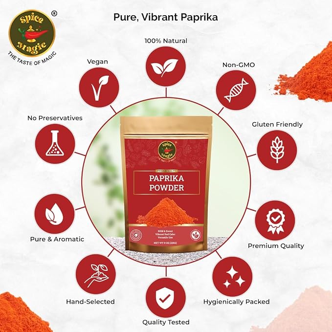 Spice Magic Sweet Paprika Powder 8 oz | Premium Spanish-Style Paprika | Mild, Sweet & Vibrant Red Color | Perfect for BBQ, Chicken, Vegetables, Soups & Sauces