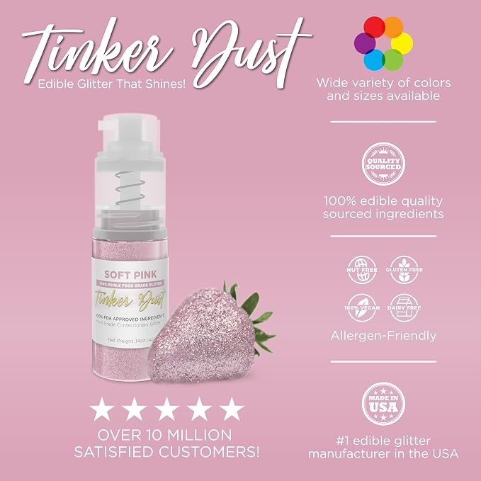 Bakell - Soft Pink Tinker Dust (4g, 1x Mini Spray Pump) Edible Glitter for Food, Desserts, and Baked goods!