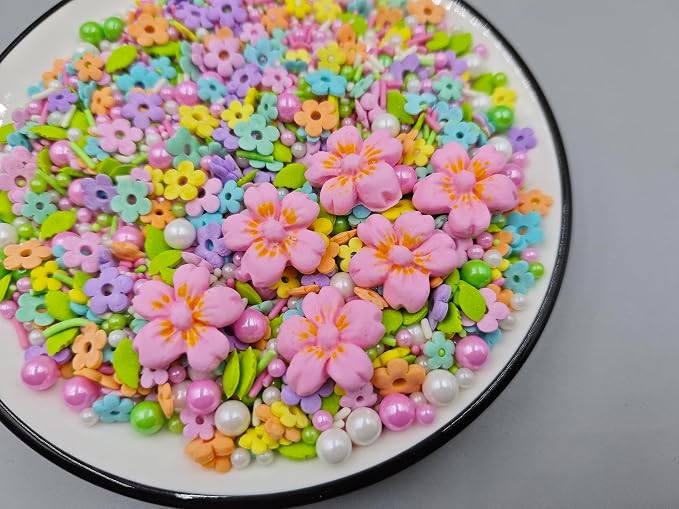 6 Large Pink Edible Flowers Mixed with Colorful Mini Flowers Sprinkles, White Green Pink Sugar Pearls Leaf and Jimmies for Cake Decorating Cupcake Toppers Cookie Dessert Decorations, 4.6 oz