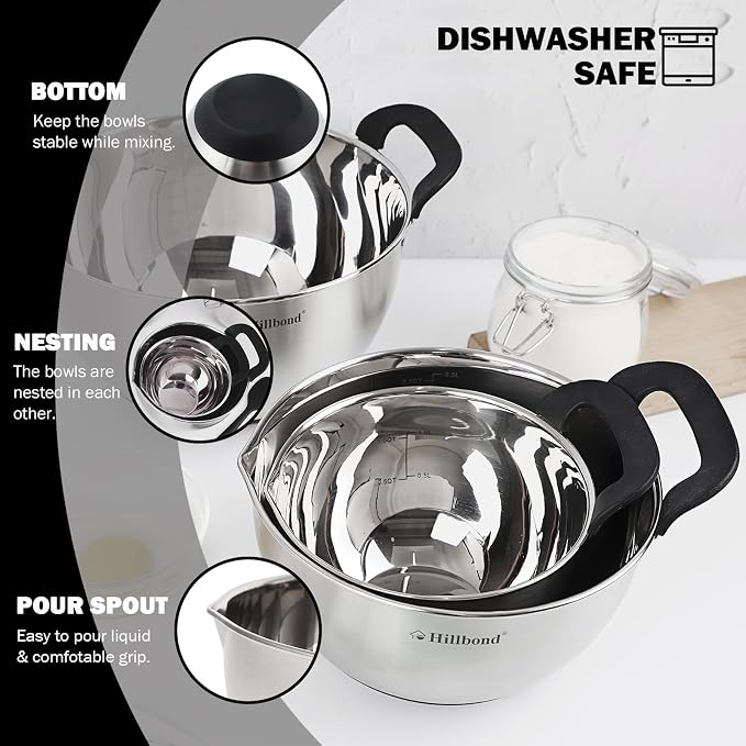 Hillbond Stainless Steel Bowls with Lids Set Mixing Bowls with Pour Spout, Silicone Handle and Non-Slip Bottoms for Baking, Metal Bowls Mixing Dishwasher Safe, Set of 3, Mother’s Day Gift (Black)
