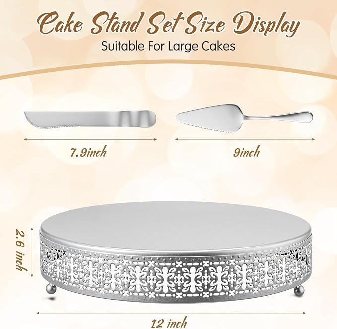 Wenqik Silver Cake Stand 12 Inch Metal Round Wedding Cake Stand with Cutting & Spatula Cupcake Dessert Cookies Display Holder Fruit Serving Tray for Wedding Birthday Anniversary Party
