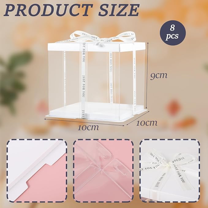 8Pcs Clear Cake Box with Ribbon 2-Layer 10x10x9 Inch, Transparent Cake Box with Lids, Tall Cake Boxes, Transport Gift Boxes for Birthday Wedding Valentine'Day.(Clear, 10 * 10 * 9inch/8pcs)