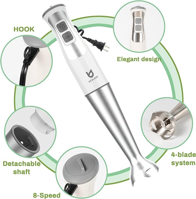 Immersion Hand Blender, UTALENT 3-in-1 8-Speed Stick Blender with Milk Frother, Egg Whisk for Smoothies, Coffee Milk Foam, Puree Baby Food, Sauces and Soups - White