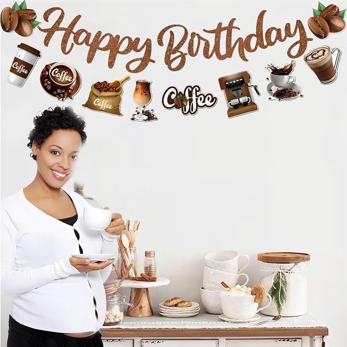 Zwiebeco Brown Coffee Happy Birthday Party Decoration Banner Bunting Garland Hanging Paper for Boys Girls Men Women Adults Cafe Coffee-Themed Birthday Decor Accessories Supplies