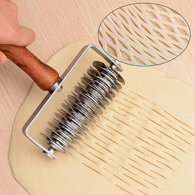 Stainless Steel Lattice Roller Cutter With Wood Handle - Dough Baking Tool for Cookie, Pie, Pizza, Bread, Pastry Crust - Household Time-Saver for Biscuits