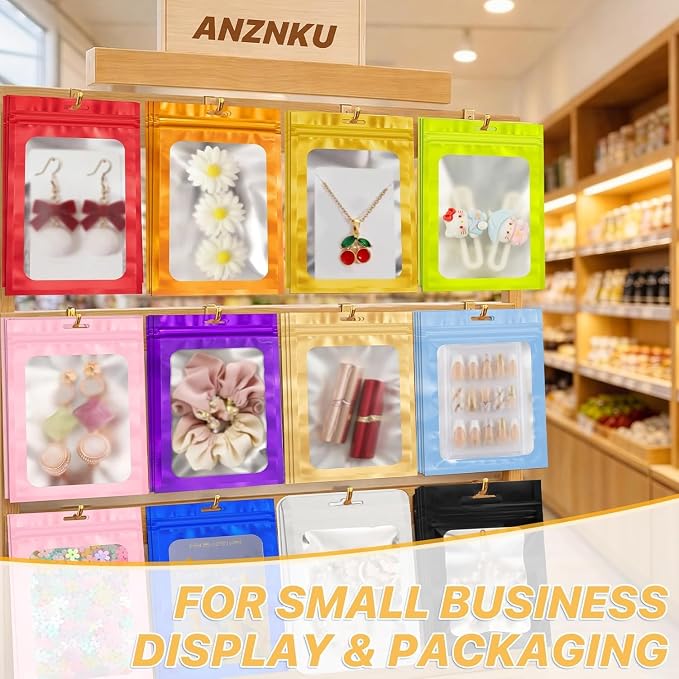 ANZNKU 100 PCS Multicolor Resealable Mylar Bags with Frosted Clear Window, Packaging Bags Foil Pouch Zipper Bag for Candy Food Self Sealing Jewelry Storage Supplies (3.14x5.11)