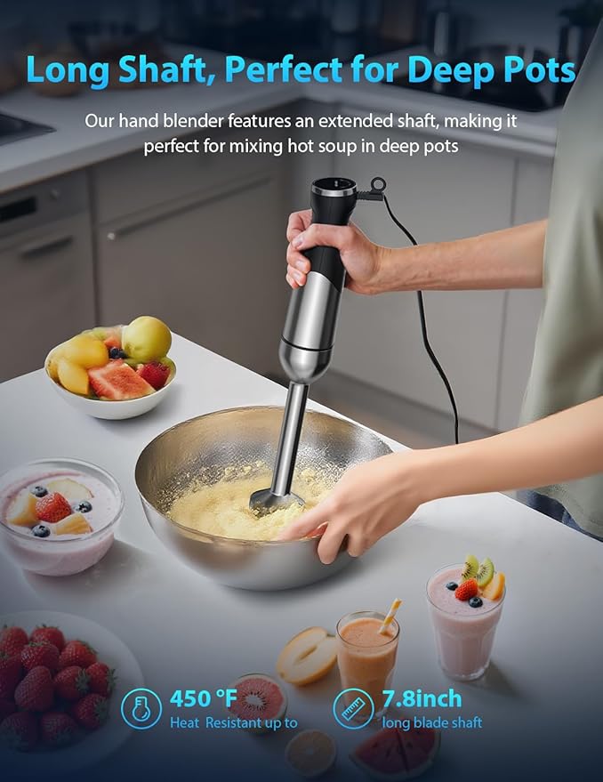 1000W Immersion Blender, Smart Hand Blender with Intuitive LED Light & 25-Speed Control, Heavy Duty Handheld Stick Blender for Smoothies, Baby Food, Purees, Soups