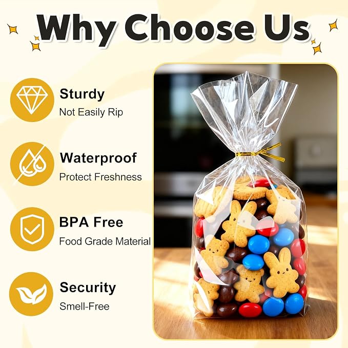 PigPotParty Cellophane Treat Bags 7x10 Inch, 100 Pack Clear Goodie Bags with Bottom Gusset for Stand-Up Display, Small Plastic Gift Wrap for Cookies, Candy, Party Favors, Popcorn, Includes 100 Ties
