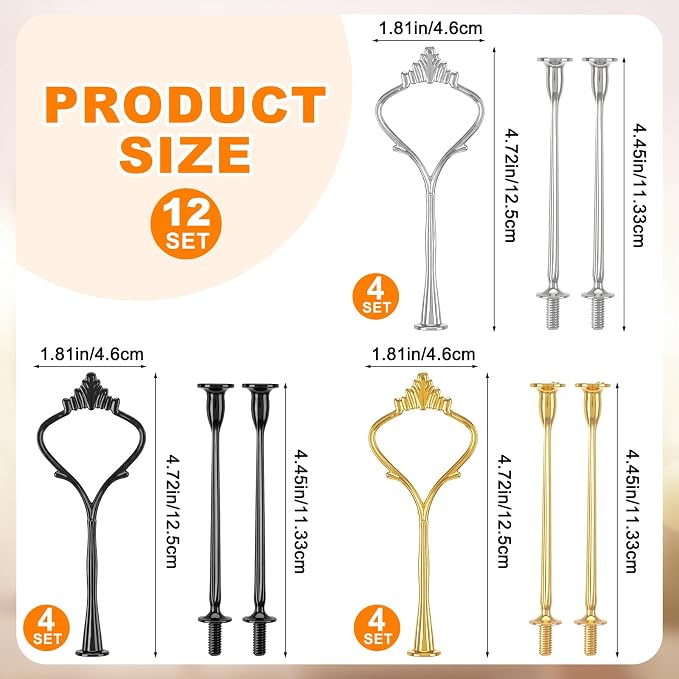 Patelai 12 Sets 3 Tier Cake Stand Hardware Tiered Tray Plate Hardware Kit Heavy Metal Cake Fruit Food Plate Stand Fitting Stacking Kit for Serving Dessert Cupcake Dish (Simple,Black,Silver,Gold)