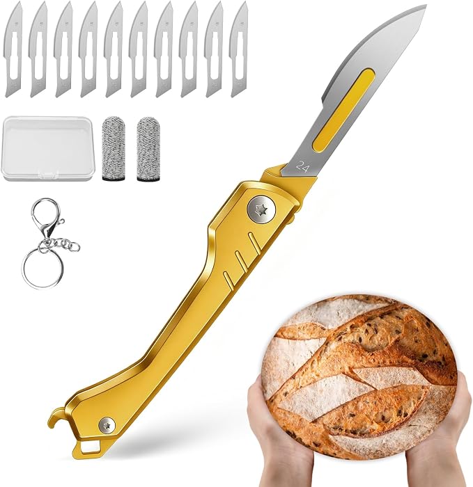 CRUIFU Bread Lame dough scoring tool,Folding Bread Scoring Knife with 10 Razor Blades,Multi-Function Lame Bread Tool for Sourdough Slashing & Bread baking Tools,(Gold)