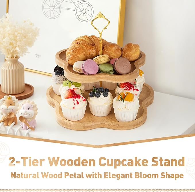 DUJUST Elegant 2-Tier Wooden Cupcake Stand with Flower-Shaped Design, Rustic Bamboo Tiered Serving Tray for Cupcake, Desserts, Tea Party, Wedding, Farmhouse & Kitchen Decor, Easy to Install & Clean