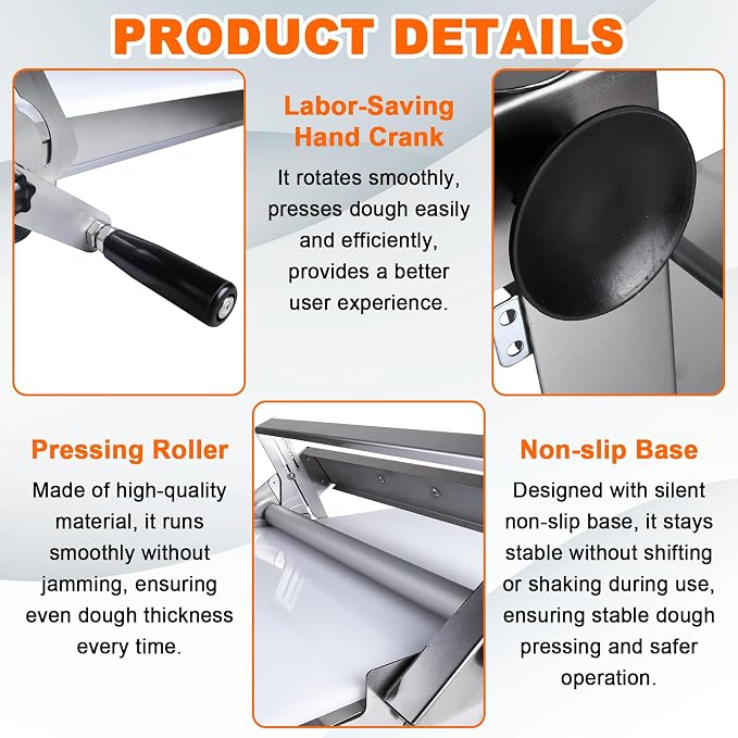 15.5" Folding Dough Sheeter, Manual Dough Roller Machine, Stainless Steel Adjustable Thickness 2-25mm, Countertop Dough Sheeter for Home and Commercial Use