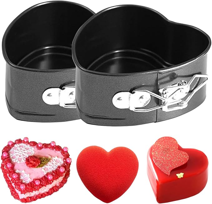 2 Pack, 4 Inch Springform Cake Pan，Mini Heart Springform Pan Non-Stick Cheesecake Cake Pan, Heart Baking Pan for Cake, Cheesecakes