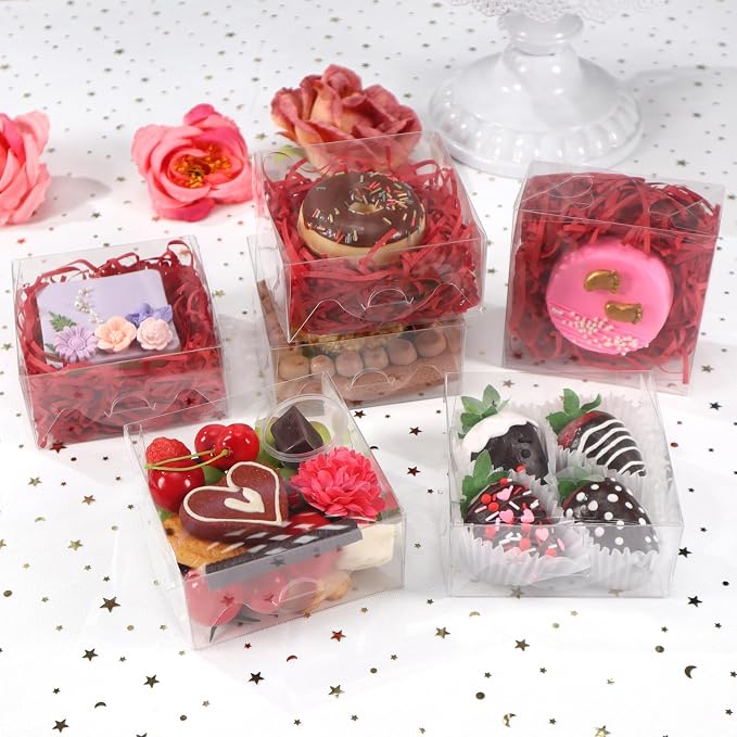 50pcs 4x4x2 Inch Plastic Clear Pastry Boxes - Cookies, Doughnuts, Truffles, Brownie, Cake, Chocolate Covered Strawberries & Treat Boxes for Party Favors & Wedding