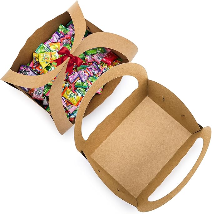ELFULLY 50 Pack Paper Baskets for Gifts, 8.6" Kraft Basket with Handle Bulk, Empty Cookies Boxes for Desserts Snacks Donuts Pastries, Gifting Baskets for Party Wedding Anniversary Business DIY, Brown