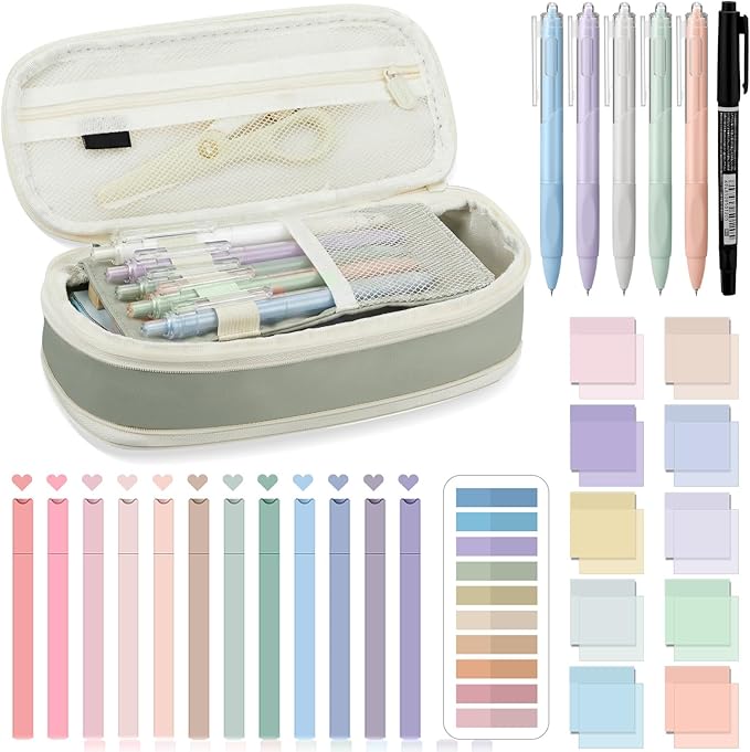 Jutom 39 Pcs Aesthetic Book Annotation Kit Highlighter with Case Bag Gel Pen Transparent Sticky Note Taking Bible Supplies(Green,Cute Style)