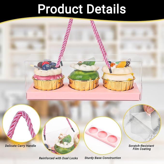 EUSOAR Cupcake Containers, 40 Pcs 9"x3"x3" Pink Clear Muffins Pastry Container 3 Compartments with Gift Handle, Rectangular Portable Dessert Holder Cookies Wrappers for Birthday Wedding Party Bakery