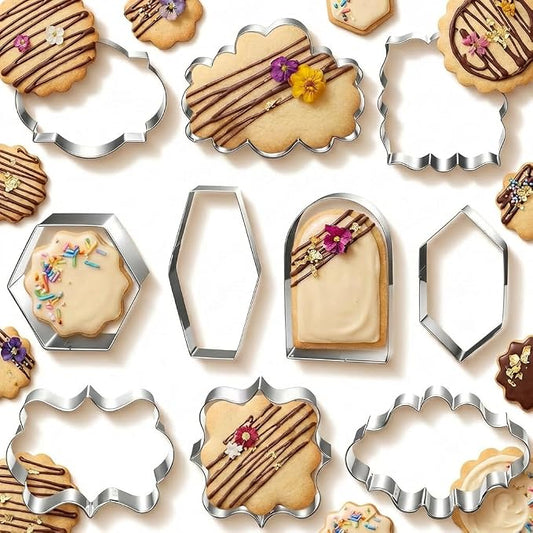 10PCS Stainless Steel Plaque Frame Cookie Cutters - Variety Shapes Fondant Cutters for Baking Wedding Birthday Christmas Metal Biscuit Molds for DIY Decorations