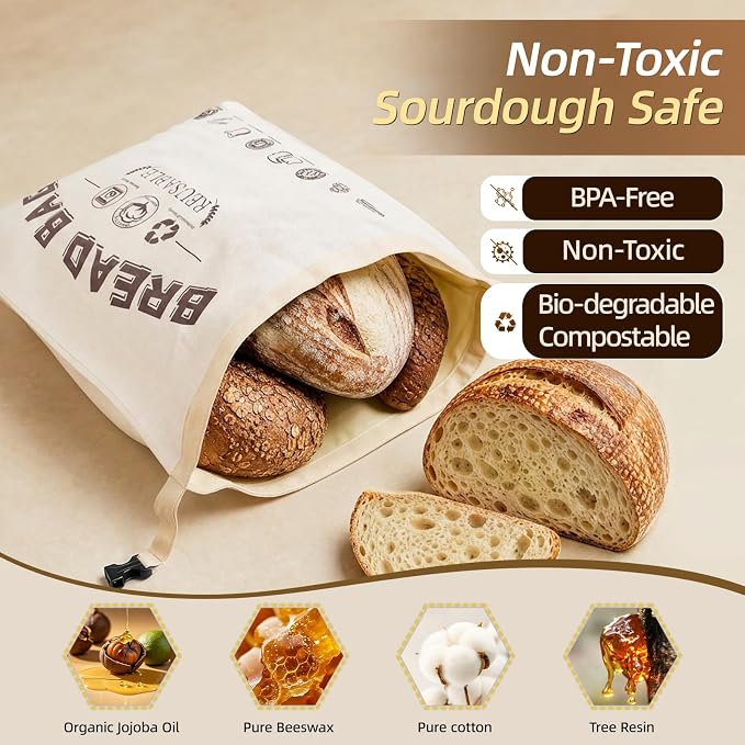 Set of 2 XL Beeswax Bread Bags for Homemade Sourdough | Extra Large Organic Cotton Reusable Bread Bag with Roll Top Buckle, Fresh Storage Keeper for Bakers Loaf, Bagels, Toast.
