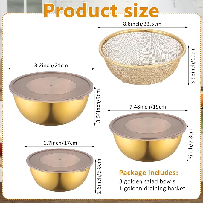 Gold Mixing Bowls with Airtight Lids Stainless Steel Mixing Bowl Set of 3 Metal Nesting Organizers and 1 Colander Non-slip Bottom for Baking Serving Food Size 2.22, 1.27,0.74 QT, Stackable