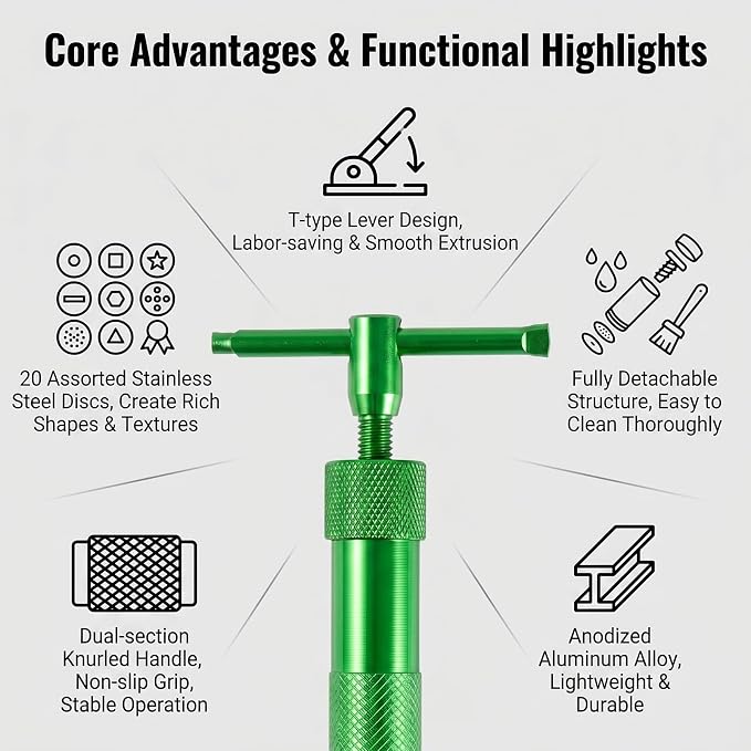 Clay Extruder Clay Tool Sugar Paste Extruder Cake Decor Tools Rotary Crowded Mud Clay Extruder Craft Cake Fondant Sculpture Decorating Tool Set Ceramics Pottery Clay Extruders with 20 Discs