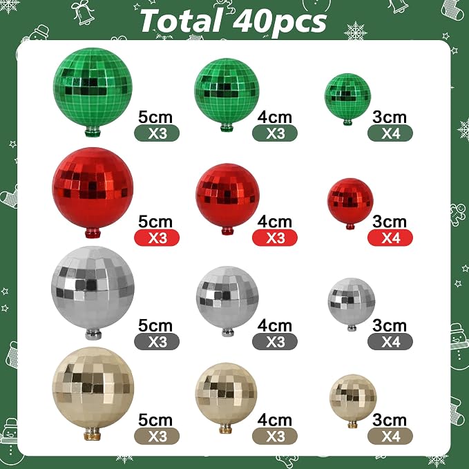 BEISHIDA 40 Pcs Ball Cake Toppers Mini Balls Cake Decorations Red Green Gold Silver Sticks Foam Balls DIY Cake Topper Insert Balls Cake Decorations for Baking Christmas Party Decorations