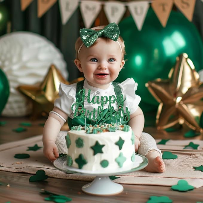BEISHIDA Green Happy Birthday Cake Topper, Cake Bunting Decor, Party Decoration Supplies, Photo Booth Props