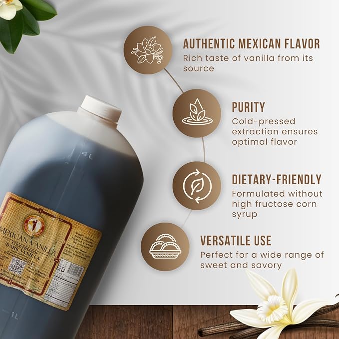 Pure Dark Mexican Vanilla Extract Gluten-Free Vanilla for Baking, Cakes, Cookies, Desserts, Coffee & Beverages (135.25 fl oz) – Natural, No Coumarin, Bold Flavor